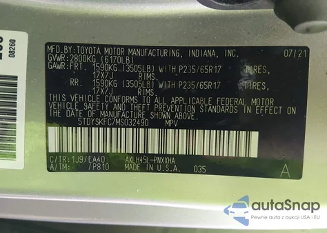 2021 Toyota Sienna Xle z USA, uszkodzony, nr VIN 5TDYSKFC7MS032490